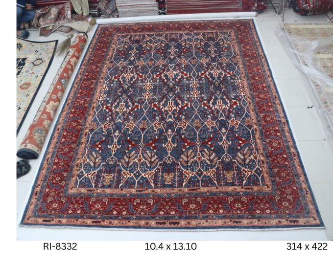 Hand-knotted Heriz Cotton and Wool Rug, Floral in Blue base and Red border, 10.4 x 13.10 ft