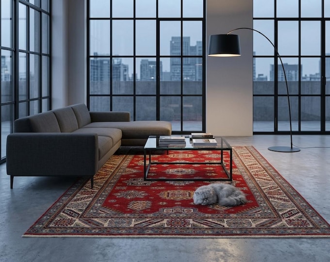 5.6 X 8.0 ft Red and Beige Geomatrical Handmade, Super Kazak Cotton and Wool