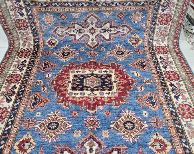 5 X 7 ft Handmade Geometrical Square Super Kazak Rug, Blue and Beige, Cotton and Wool