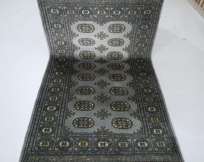 Gray Wool Mori Bokhara Rug, Hand Knotted Tribal Area Rug 3x5 Ft