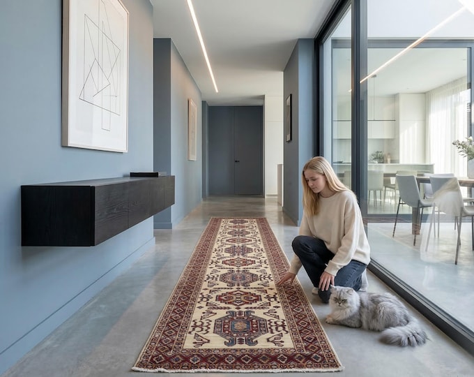 2.6 X 9.5 ft Beige and Red Geomatrical Handmade Runner, Super Kazak Cotton and Wool