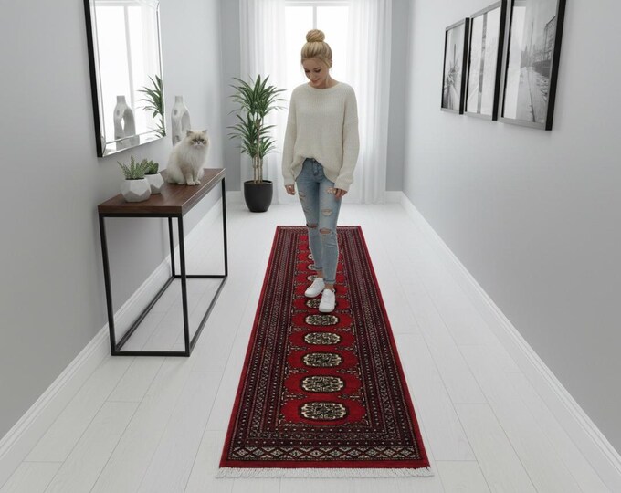 2.0 X 6.3 ft Red Geomatrical Runner Handmade, Mori Bokhara Cotton and Wool