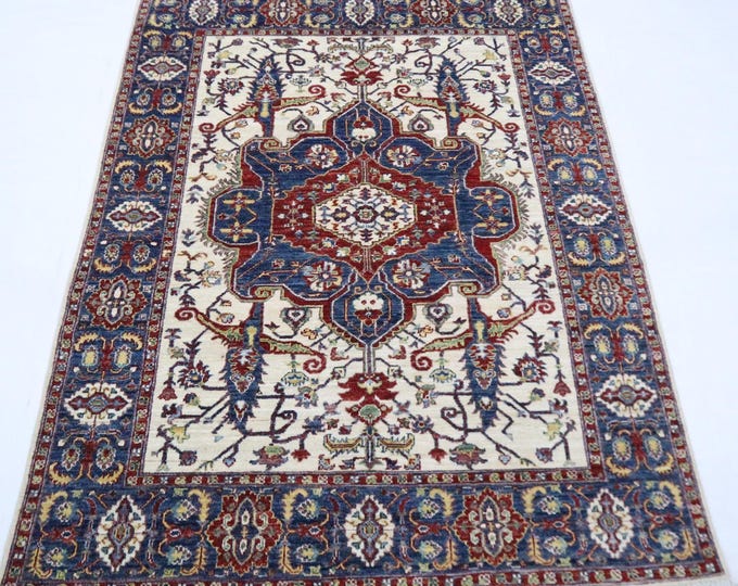 5x7 Handmade Wool Rug – Blue Beige Afghan Serapi Medallion Design