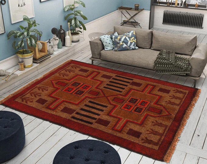 Hand-knotted Baluchi in Red and Brown 2.95 x 4.59 ft