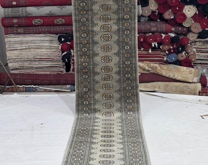 3 X 12 ft Gray Geomatrical Handmade Runner, Mori Bokhara Cotton and Wool
