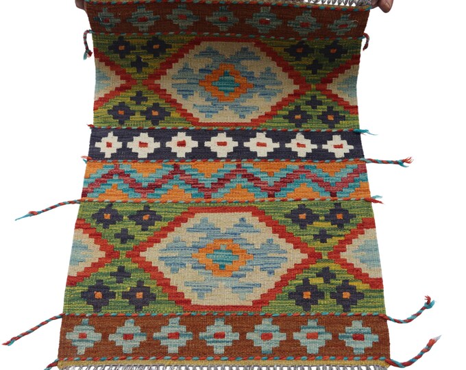 2 X 3 ft Handmade Geometrical Killim Rug, Muilty, Wool