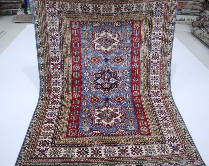 Hand Knotted Kazak Rug 5x7 – Afghan Wool, Blue and Red