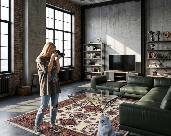 4.11 X 6.6 ft Beige and Red Geomatrical Handmade, Super Kazak Cotton and Wool