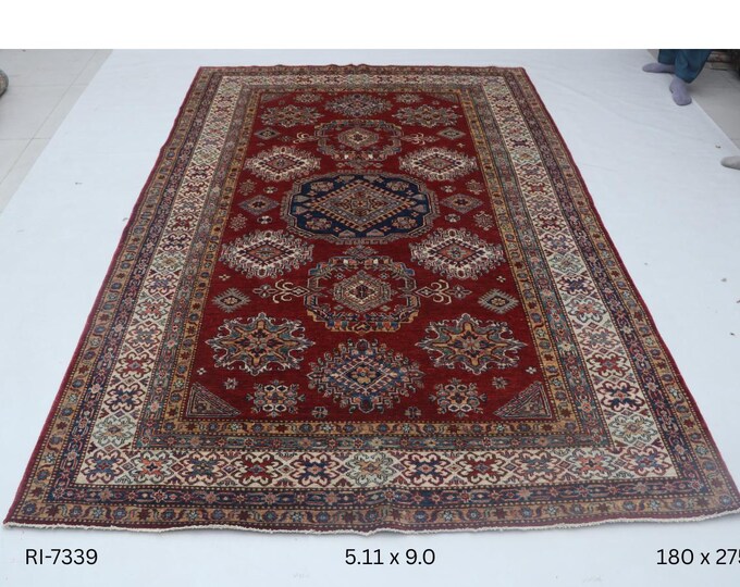 Hand-knotted Super Kazak Cotton and Wool Rug, Geomatrical in Red base and Beige border, 5.11 X 9.0 ft