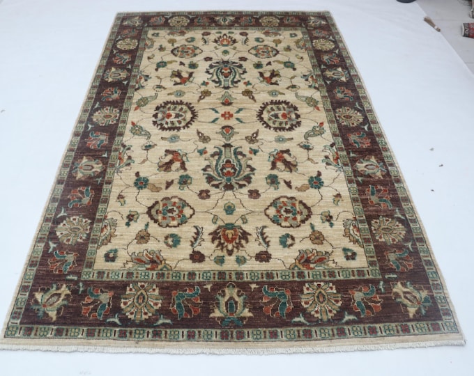 5 X 8 ft Beige and Brown Floral Handmade, Chobi Cotton and Wool