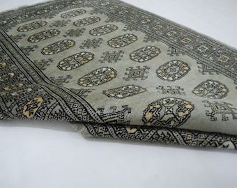 Handmade Wool Mori Bokhara Rug, Gray Tribal Gul Motif (3x5 Ft)