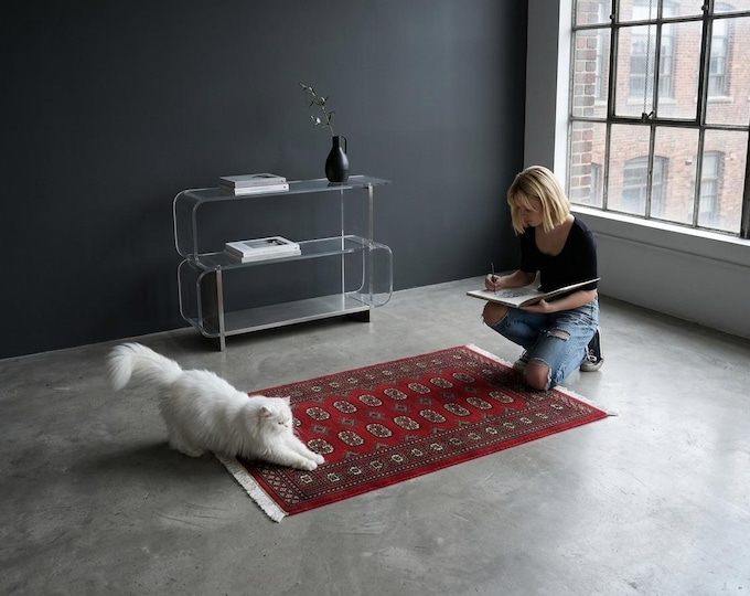 3.2 X 5.1 ft Red Geomatrical Handmade ,Mori Bokhara Cotton and Wool