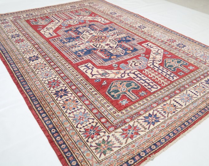 6x8 Red Kazak Rug – Handmade Afghan Wool, Vegetable Dye