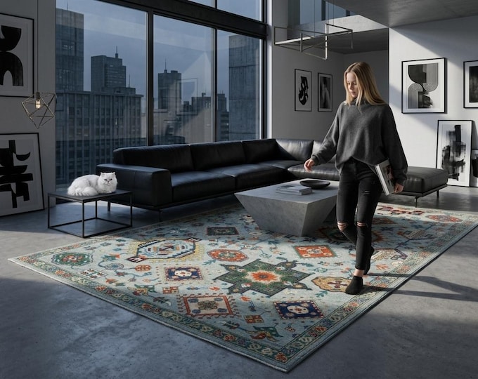 5.6 7.9 ft blue Geomatrical Handmade ,Heriz Cotton and Wool