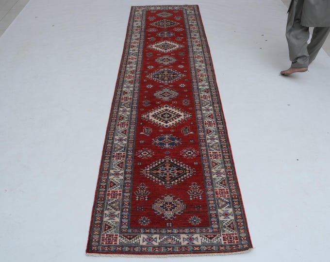 2.7 X 9.1 ft Red and Beige Geomatrical Handmade Runner, Super Kazak Cotton and Wool