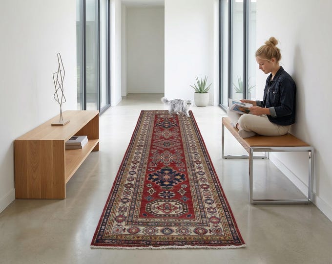 2.6 x 8.3 ft Red and Beige Geomatrical Handmade Runner , Super Kazak Cotton and Wool