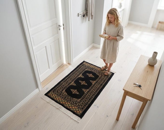 2.1 X 3.3 ft Black Geomatrical Handmade ,Mori Bokhara Cotton and Wool