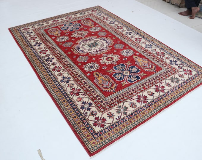 5.6 X 7.9 ft Red and Beige Geomatrical Handmade, Super Kazak Cotton and Wool