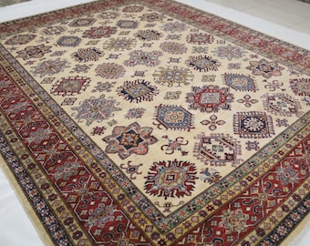 8x10 Beige Kazak Rug – Handmade Afghan Wool, Geometric Design