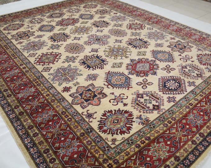 8x10 Beige Kazak Rug – Handmade Afghan Wool, Geometric Design