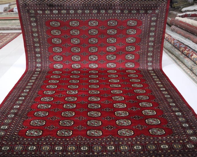 8x10 Ft Hand Knotted Wool Mori Bokhara Rug, Red Tribal Geometric Rug