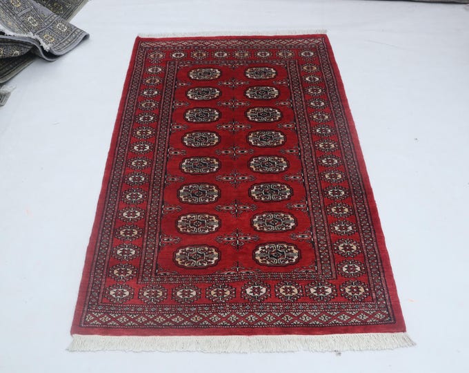 3.2 X 5.1 ft Red Geomatrical Handmade, Mori Bokhara Cotton and Wool