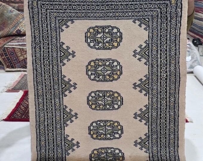 2 X 3 ft Beige Geometrical Handmade, Mori Bokhara Rug Cotton and Wool