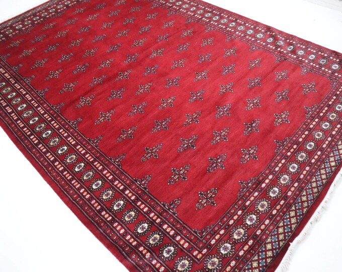 6.5 X 9.5 ft Handmade Geometrical Mori Bokhara Rug, Red, Cotton and Wool