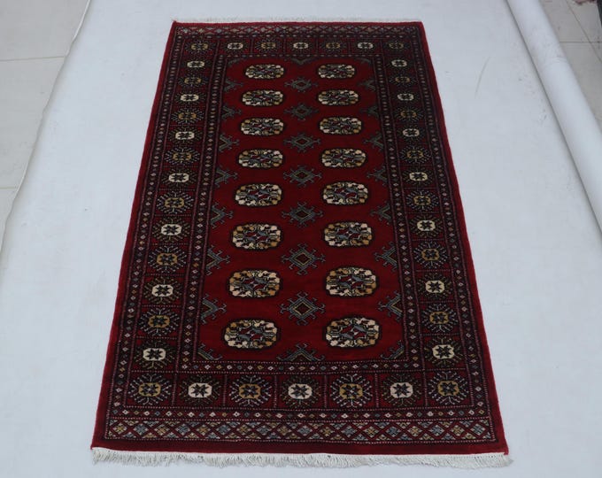 3.1 X 5.0 ft Red Geomatrical Handmade Runner, Mori Bokhara Cotton and Wool