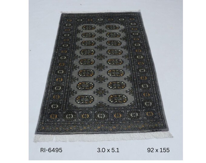 Hand-knotted Mohri Bokhara Cotton and Wool Rug Geomatrical in Gray and Gray border, 3.0 x 5.1 ft