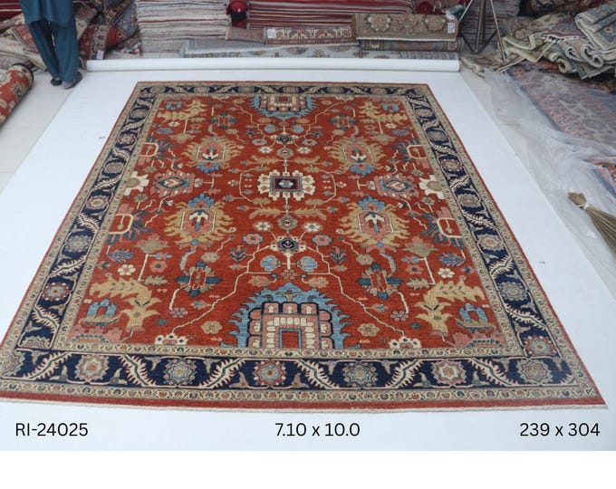 Hand-knotted Heriz Cotton and Wool Rug, Floral in Red base and Blue border, 7.10 x 10.0 ft