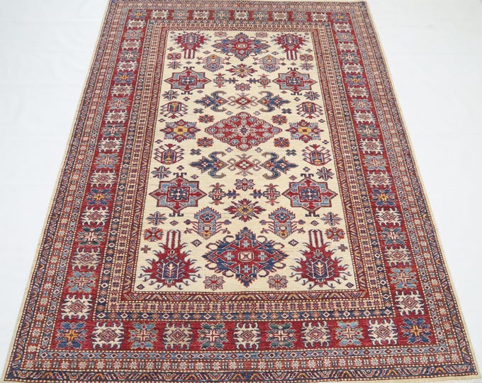 Handmade Beige and Red Wool Kazak Rug – Afghan Geometric Design (6x8 ft)