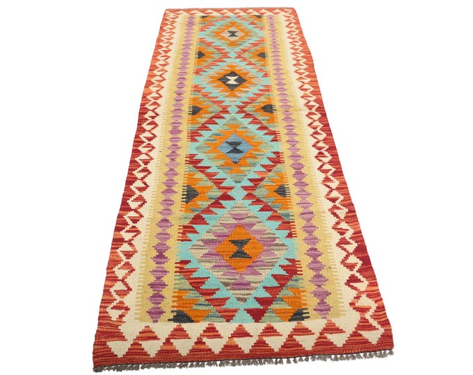 2.5 X 6 ft Runner Handmade Geometrical Killim Rug, Muilty, Wool