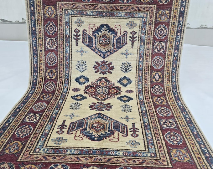 2.5 X 4 ft Handmade Floral Super Kazak Rug, Beige and Red, Cotton and Wool