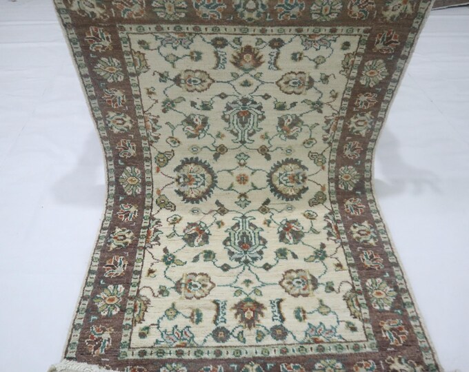 Beige Chobi Afghan Rug, Hand Knotted Wool Floral Area Rug (3x4 Ft)