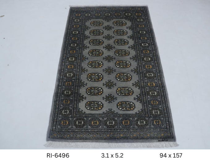 Hand-knotted Mohri Bokhara Cotton and Wool Rug Geomatrical in Gray and Gray border, 3.1 x 5.2 ft