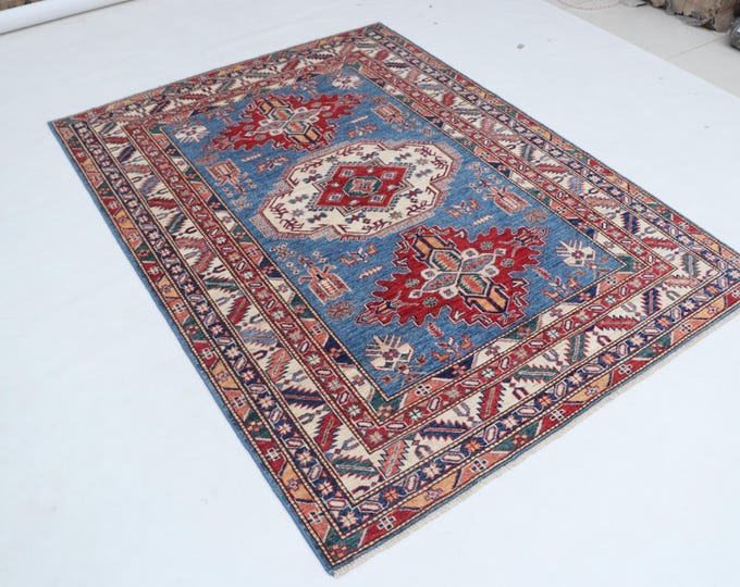 5 X 6 ft Blue and Beige Geomatrical Handmade, Super Kazak Cotton and Wool