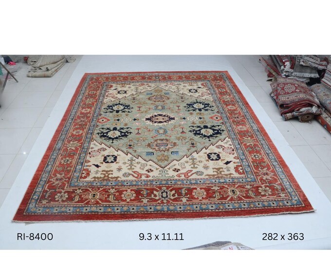 Hand-knotted Oshak Wool Rug Floral  in Beige base and Copper border, 9.3 x 11.11 ft