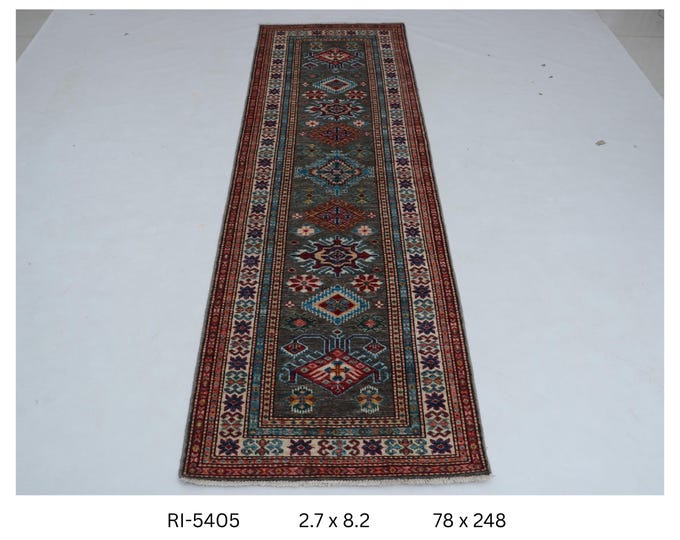 Hand-knotted Super Kazak Rug, Wool and Silk Touch, Green and Beige, 2.6 x 8.2 ft