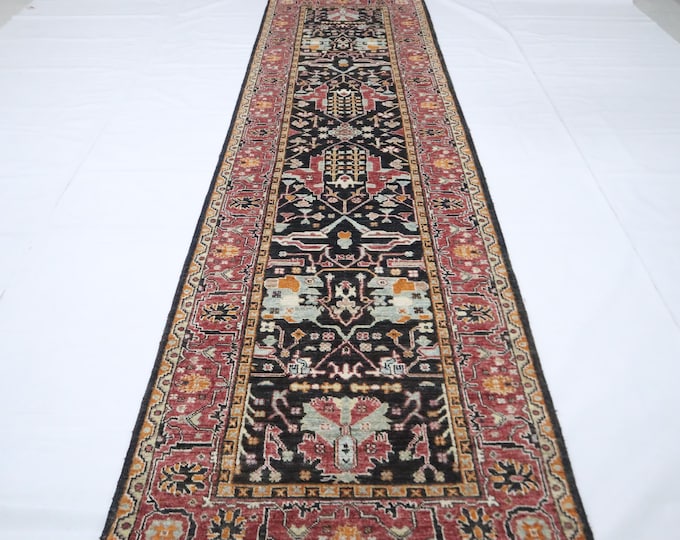 Hand Knotted Wool Bidjar Runner Rug – Black, Pink, Persian Style, 2.7x9.8 Ft