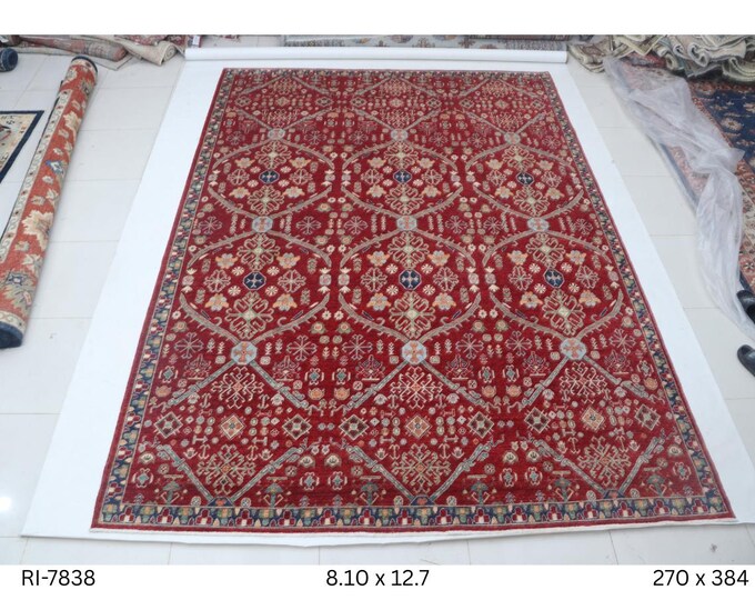 Hand-knotted Heriz Cotton and Wool Rug, Floral in Red base and Blue border, 8.10 x 12.7 ft