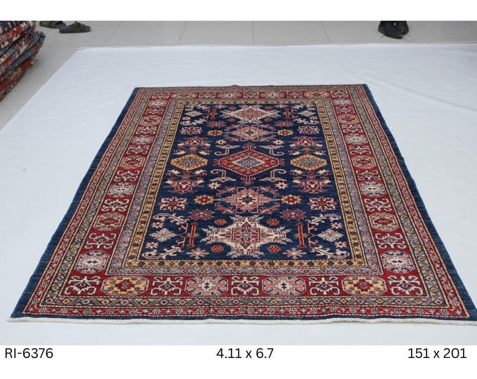 Hand-knotted Super Kazak Cotton and Wool Rug, Geomatrical in Blue base and Red border, 4.11 x 6.7 ft