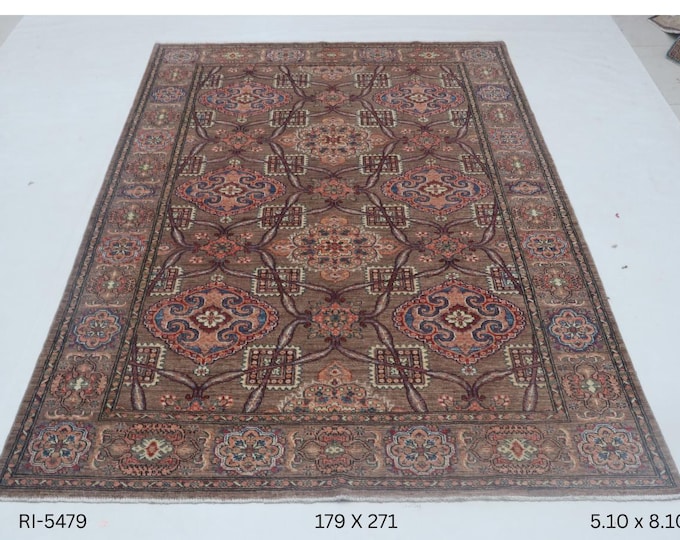 Hand-knotted Wool Rug, Brown Geomatrical Kazak Design, 5.10 X 8.10 ft