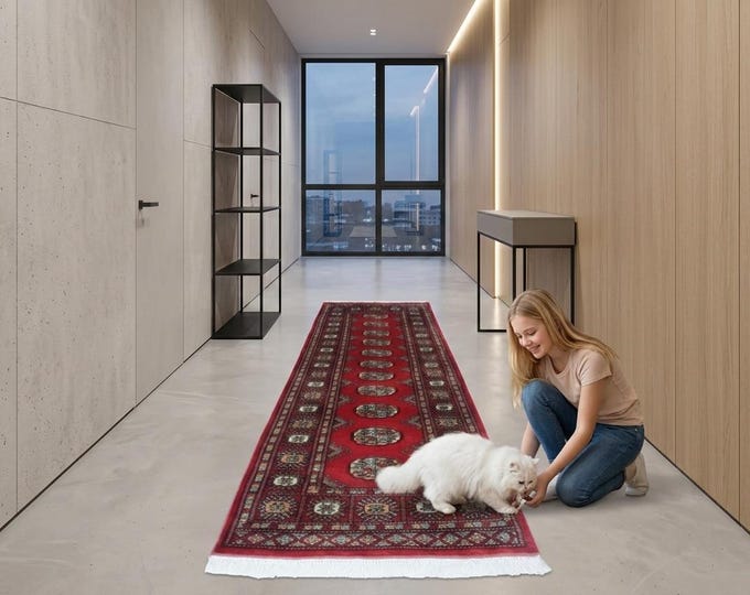 2.1 X 5.10 ft Red Geomatrical Runner Handmade, Mori Bokhara Cotton and Wool