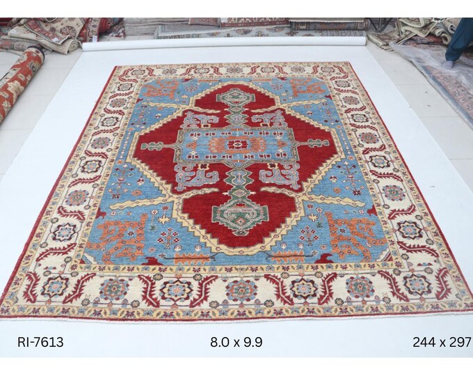 Hand-knotted Heriz Cotton and Wool Rug, Floral in Red base and Beige border, 8.0 x 9.9 ft