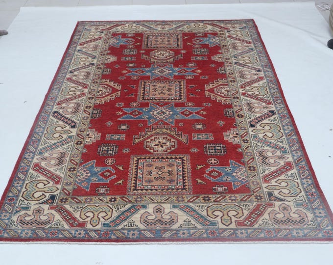 6.0 X 9.0 ft Red and Beige Geomatrical Handmade , Super Kazak Cotton and Wool