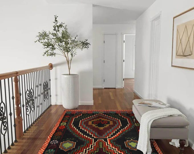 Hand-knotted Baluchi Black and Rainbow, 3.93 x 6.56 ft