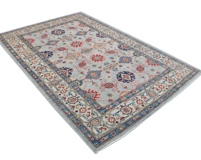 5.10 X 8.8 ft Gray and Beige Floral Handmade ,Oshak Wool