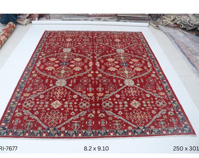 Hand-knotted Heriz Cotton and Wool Rug, Floral in Red base and Blue border, 8.2 x 9.10 ft