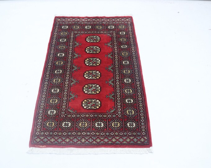 2.7 X 4.3 ft Red Geomatrical Handmade, Mori Bokhara Cotton and Wool